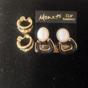 Monet Gold Black White Clip On Earrings Set Hoop Dangle Vintage Designer